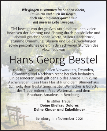 Traueranzeige von Hans Georg Bestel von Trauerkombi Bernburg