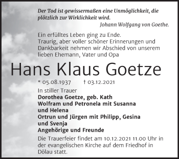 Traueranzeige von Hans Klaus Goetze von Mitteldeutsche Zeitung Halle/Saalkreis