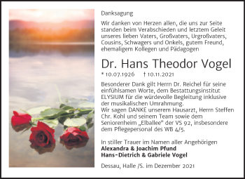 Traueranzeige von Hans Theodor Vogel von Mitteldeutsche Zeitung Halle/Saalkreis