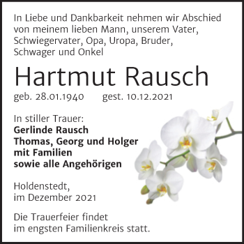 Traueranzeige von Hartmut Rausch von Trauerkombi Sangerhausen