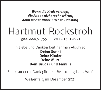 Traueranzeige von Hartmut Rockstroh von Trauerkombi Weißenfels