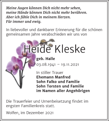 Traueranzeige von Heide Kleske von Trauerkombi Bitterfeld