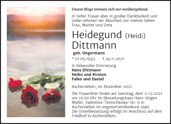 Traueranzeige von Heidegund Dittmann von Trauerkombi Aschersleben
