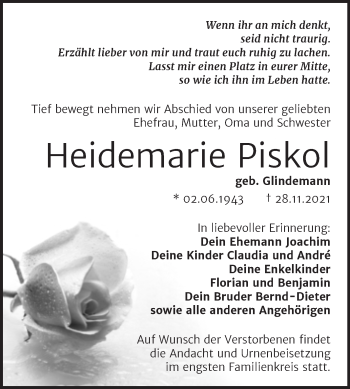 Traueranzeige von Heidemarie Piskol von Trauerkombi Sangerhausen