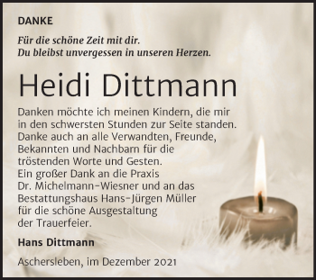 Traueranzeige von Heidi Dittmann von Trauerkombi Aschersleben