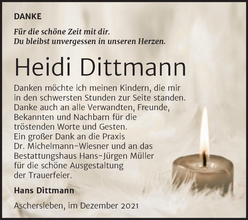  Traueranzeige für Heidi Dittmann vom 18.12.2021 aus Trauerkombi Aschersleben