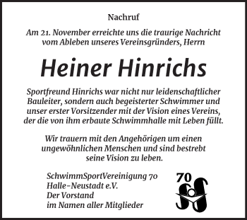 Traueranzeige von Heiner Hinrichs von Mitteldeutsche Zeitung Halle/Saalkreis