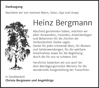 Traueranzeige von Heinz Bergmann von Naumburger Tageblatt