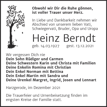 Traueranzeige von Heinz Berndt von Trauerkombi Quedlinburg