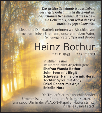 Traueranzeige von Heinz Bothur von Mitteldeutsche Zeitung Halle/Saalkreis