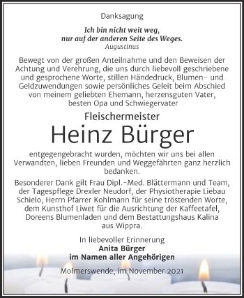 Traueranzeige von Heinz Bürger von Trauerkombi Mansfelder Land