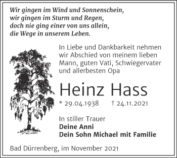 Traueranzeige von Heinz Hass von Trauerkombi Merseburg