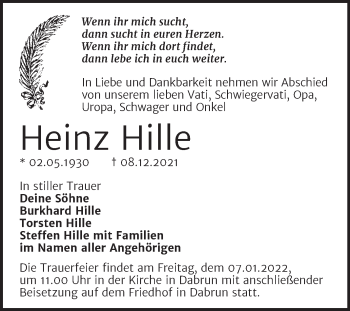 Traueranzeige von Heinz Hille von Trauerkombi Wittenberg