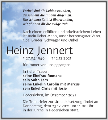 Traueranzeige von Heinz Jennert von Trauerkombi Mansfelder Land