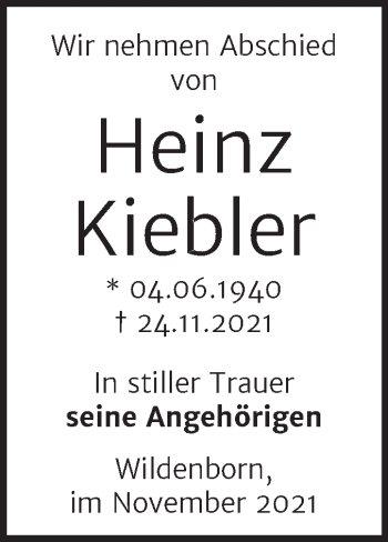 Traueranzeige von Heinz Kiebler von Trauerkombi Zeitz