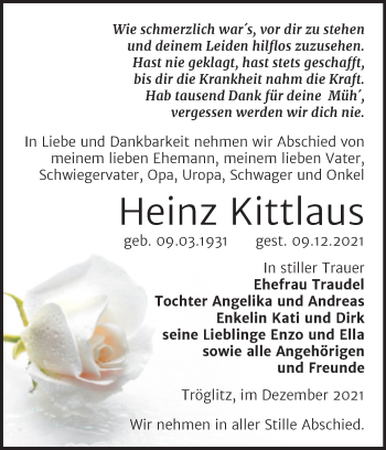 Traueranzeige von Heinz Kittlaus von Trauerkombi Zeitz