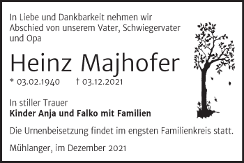 Traueranzeige von Heinz Majhofer von Trauerkombi Wittenberg