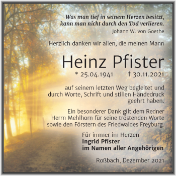 Traueranzeige von Heinz Pfister von Trauerkombi Merseburg