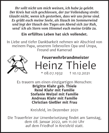 Traueranzeige von Heinz Thiele von Trauerkombi Mansfelder Land