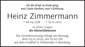 Traueranzeige von Heinz Zimmermann von Trauerkombi Bernburg