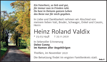 Traueranzeige von Heinz Roland Valdix von Trauerkombi Zeitz