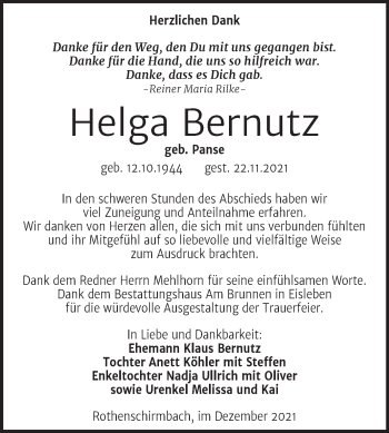 Traueranzeige von Helga Bernutz von Trauerkombi Mansfelder Land