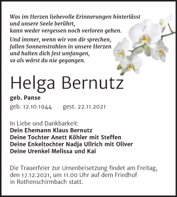Traueranzeige von Helga Bernutz von Trauerkombi Mansfelder Land