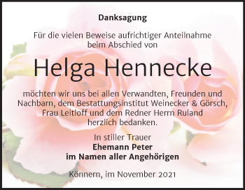 Traueranzeige von Helga Hennecke von Trauerkombi Bernburg