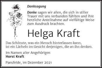 Traueranzeige von Helga Kraft von Trauerkombi Quedlinburg