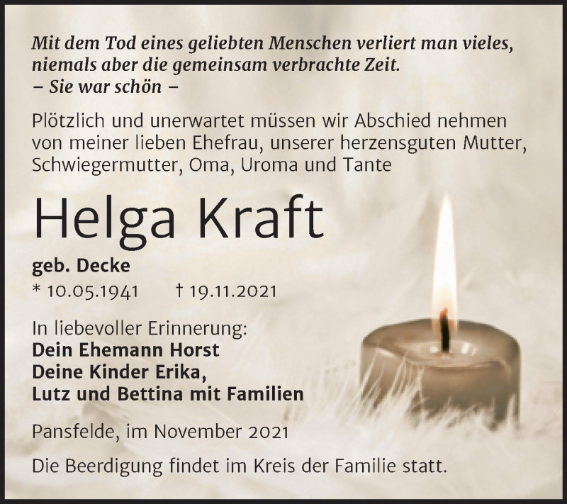  Traueranzeige für Helga Kraft vom 04.12.2021 aus Trauerkombi Quedlinburg