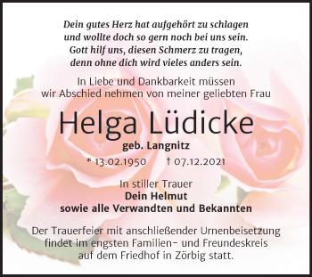 Traueranzeige von Helga Lüdicke von Trauerkombi Bitterfeld