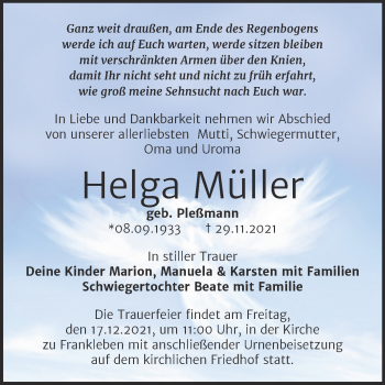 Traueranzeige von Helga Müller von Trauerkombi Merseburg