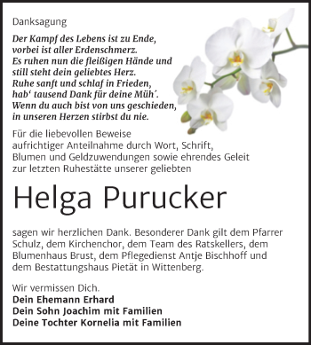 Traueranzeige von Helga Purucker von Trauerkombi Wittenberg