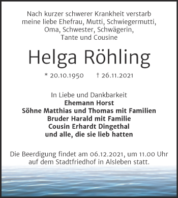 Traueranzeige von Helga Röhling von Trauerkombi Bernburg