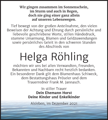 Traueranzeige von Helga Röhling von Trauerkombi Bernburg