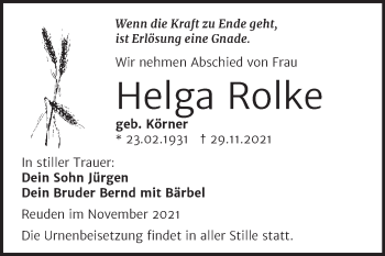 Traueranzeige von Helga Rolke von Trauerkombi Zeitz