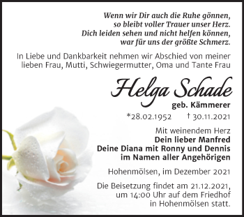Traueranzeige von Helga Schade von Trauerkombi Weißenfels