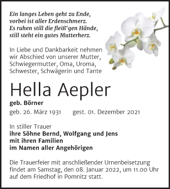 Traueranzeige von Hella Aepler von Wochenspiegel Naumburg/Nebra