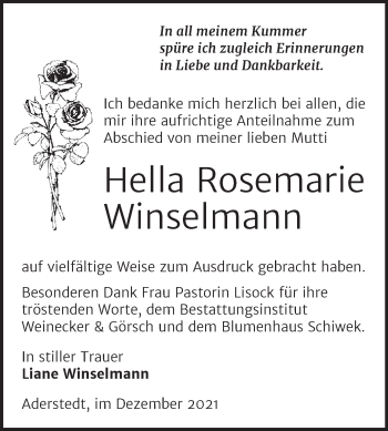 Traueranzeige von Hella Rosemarie Winselmann von Trauerkombi Bernburg