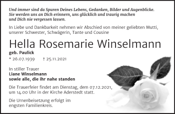 Traueranzeige von Hella Rosemarie Winselmann von Trauerkombi Bernburg
