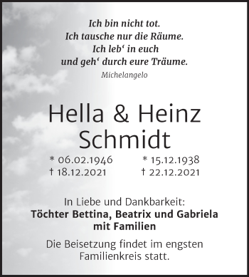 Traueranzeige von Hella und Heinz Schmidt von Mitteldeutsche Zeitung Halle/Saalkreis