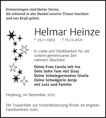 Traueranzeige von Helmar Heinze von Wochenspiegel Naumburg/Nebra