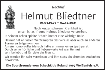 Traueranzeige von Helmut Bliedtner von Trauerkombi Weißenfels