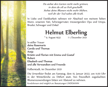Traueranzeige von Helmut Elberling von Trauerkombi Quedlinburg