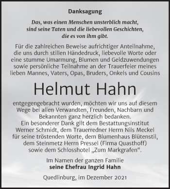 Traueranzeige von Helmut Hahn von Trauerkombi Quedlinburg
