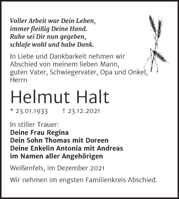 Traueranzeige von Helmut Halt von Trauerkombi Weißenfels