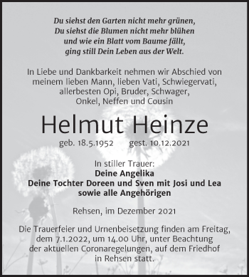 Traueranzeige von Helmut Heinze von Trauerkombi Wittenberg