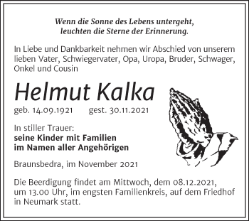 Traueranzeige von Helmut Kalka von Trauerkombi Merseburg