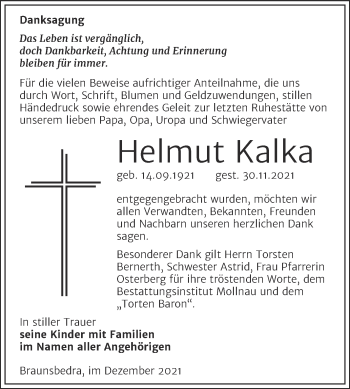 Traueranzeige von Helmut Kalka von Trauerkombi Merseburg