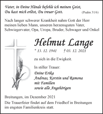 Traueranzeige von Helmut Lange von Trauerkombi Sangerhausen